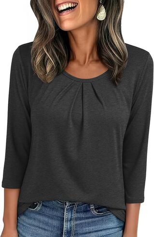 JUSTFASHIONNOW Womens 3/4 Length Sleeve Tops Crewneck Pleated T-Shirts Dressy Casual Tunic Basic Business Blouses in Saudi Arabia
