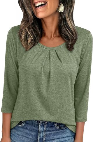 JUSTFASHIONNOW Womens 3/4 Length Sleeve Tops Crewneck Pleated T-Shirts Dressy Casual Tunic Basic Business Blouses in Saudi Arabia