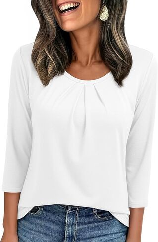 JUSTFASHIONNOW Womens 3/4 Length Sleeve Tops Crewneck Pleated T-Shirts Dressy Casual Tunic Basic Business Blouses in Saudi Arabia