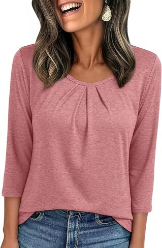 JUSTFASHIONNOW Womens 3/4 Length Sleeve Tops Crewneck Pleated T-Shirts Dressy Casual Tunic Basic Business Blouses in Saudi Arabia