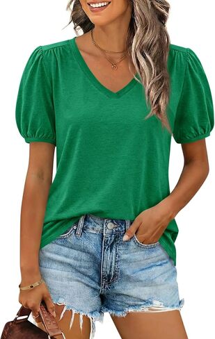 Cicy Bell Womens Puff Short Sleeve T-Shirts V Neck Summer Casual Pleated Tops Loose Fit Curved Hem Tees in Saudi Arabia