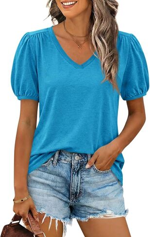 Cicy Bell Womens Puff Short Sleeve T-Shirts V Neck Summer Casual Pleated Tops Loose Fit Curved Hem Tees in Saudi Arabia