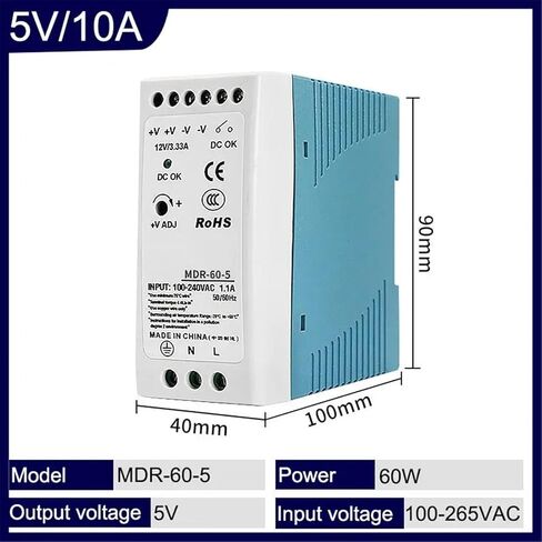 1pcs 5V 12V 24V 48V Power MDR-20W 60W 100W Industrial AC/DC Din Rail Power Supply Switch Single Output Switching(MDR-60-5V) in Saudi Arabia