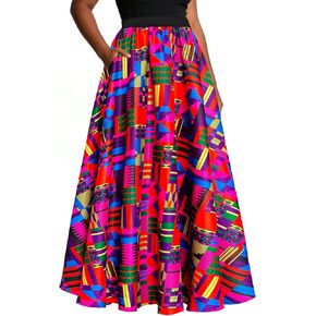 سينونو داشيكي الأفريقية طباعة المرأة ماكسي ألف خط تنورة طويلة مرونة عالية الخصر التنانير الانسيابية مع جيوب نمط العرقية in Kuwait