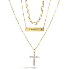 Women's Layered Cross Trio Necklace Set - 14K Gold Plated, CZ Cross, Engraved Bible Verse Bar, Paperclip Choker, Single or Stacked, Jewerly Gifts in Saudi Arabia