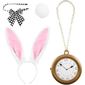 White Bunny Ears Headband & Tail Set 4PCS Rabbit Costume Accessories with Bow Tie Clock Necklace for Easter Halloween Cosplay Adults Party Dress Up in Kuwait