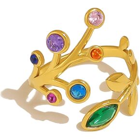 LadayPoa 18K Gold Plated Cubic Zirconia Adjustable Rings, Open Flower Leaf Rings for Women, Chunky Stainless Steel Plant Statement Jewelry Crystal Gemstone Fashion Resizable Band in Kuwait