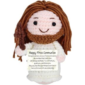Fleure Esme First Communion Gifts Crochet - Jesus Crochet Doll with First Communion Card - Catholic Holy Communion Favors Decorations - Confirmation Baptism Crochet Christian Basket Stuffers in Kuwait
