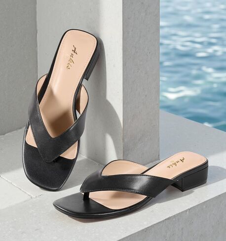 Ankis Black White Heels for Women Square Open Toe Sandals Flip Flop Thong Low Heels 1 Inch Heeled Sandals for Women in Saudi Arabia