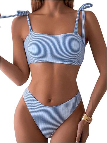 Floerns Women's 2 Piece Striped Bikini Sets Tie Shoulder Swimsuit High Waisted Beach Bathing Suit in Saudi Arabia