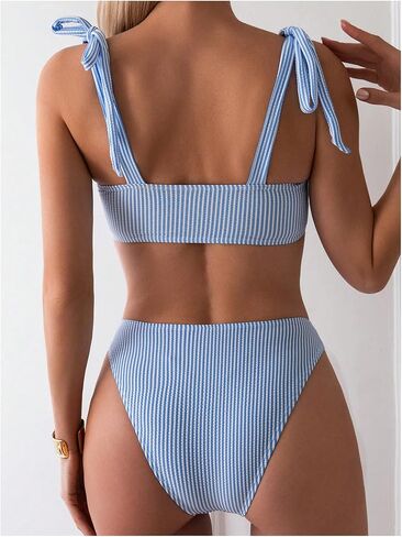 Floerns Women's 2 Piece Striped Bikini Sets Tie Shoulder Swimsuit High Waisted Beach Bathing Suit in Saudi Arabia