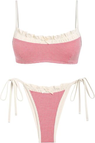 Seamoly gingham plicked Ruched Ruched Ruffles Trim Bowknot Tie Tie Side Bikini in Kuwait