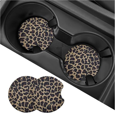 2PCS Car Cup Holder Coasters, Leopard Print Absorbent Rubber Insert Coaster with Finger Notch, Anti-Slip Drink Cup Mat Cute Vehicle Interior Accessories for Women Men (B13) in Saudi Arabia