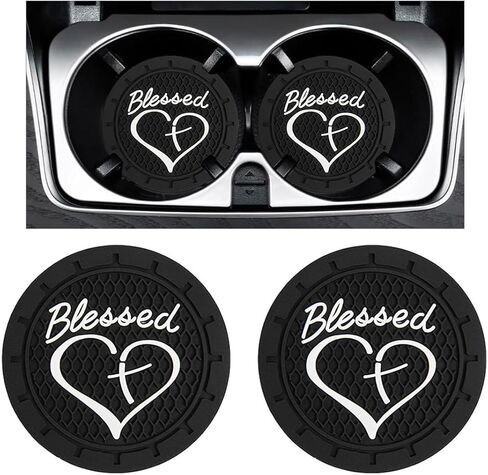 Augeny 2PCS Car Cup Holder Coaster, Non-Slip PVC Insert Cup Coaster, 2.76 Inch Blessed Cross and Heart Christian Auto Drink Cup Mat, Interior Car Accessories for Women Girls (Black) in Saudi Arabia