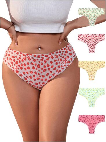 GORGLITTER Women's Plus Size 5 Pack Cute Panties Briefs Coquette Low Rise Thong Sheer Mesh Panty Sets Lingerie Underwear in Saudi Arabia