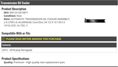 Automatic Transmission Oil Cooler Assembly - Compatible with 2015-2018 Jeep Renegade in Saudi Arabia