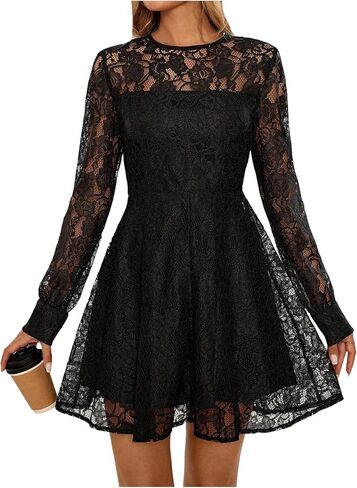 Women's Lace Sheer Long Sleeve Dress Elegant Crew Neck A Line Mini Evening Party Cocktail Dresses in Saudi Arabia