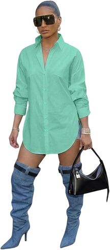 CHICME Women’s Cotton Button Down Shirt Collared V Neck Long Sleeve Slit Side Long Blouse Top with Curved Hem in Saudi Arabia