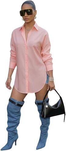 CHICME Women’s Cotton Button Down Shirt Collared V Neck Long Sleeve Slit Side Long Blouse Top with Curved Hem in Saudi Arabia