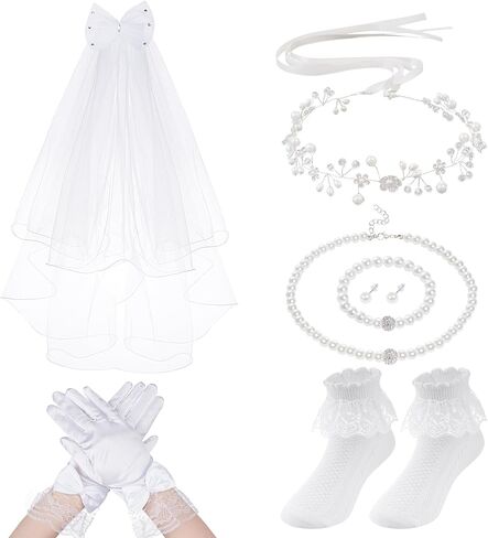 hoyuwak 7 Pcs First Communion Veil Set 1st Communion Flower Rhinestone Pearl Headpiece Bow Veil Earring Necklace Bracelet Socks for Girl Wedding White in Saudi Arabia