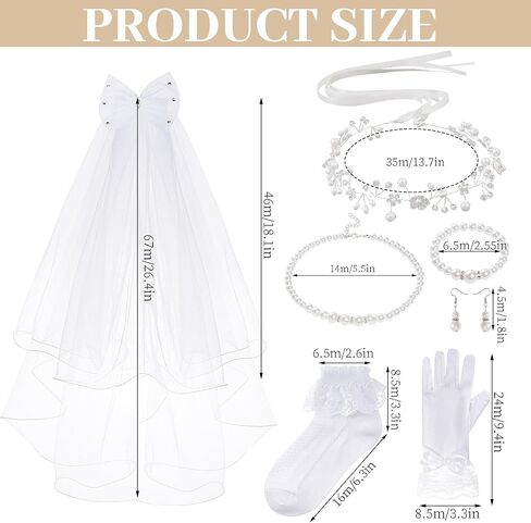 hoyuwak 7 Pcs First Communion Veil Set 1st Communion Flower Rhinestone Pearl Headpiece Bow Veil Earring Necklace Bracelet Socks for Girl Wedding White in Saudi Arabia