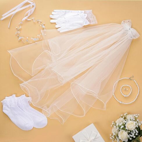 hoyuwak 7 Pcs First Communion Veil Set 1st Communion Flower Rhinestone Pearl Headpiece Bow Veil Earring Necklace Bracelet Socks for Girl Wedding White in Saudi Arabia