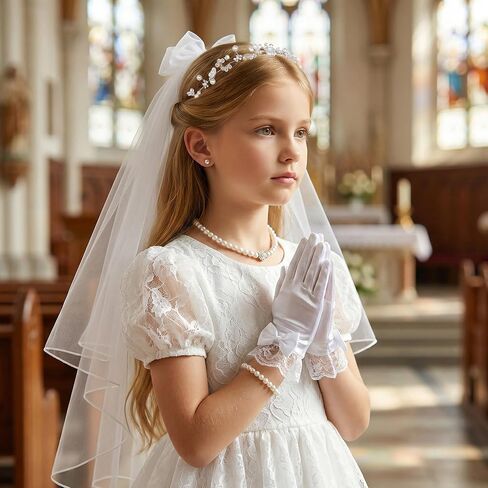 hoyuwak 7 Pcs First Communion Veil Set 1st Communion Flower Rhinestone Pearl Headpiece Bow Veil Earring Necklace Bracelet Socks for Girl Wedding White in Saudi Arabia