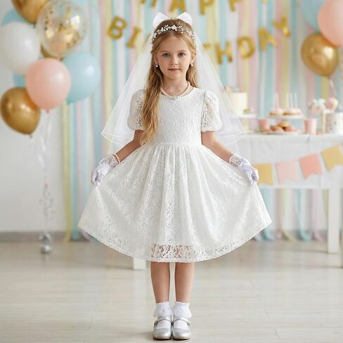 hoyuwak 7 Pcs First Communion Veil Set 1st Communion Flower Rhinestone Pearl Headpiece Bow Veil Earring Necklace Bracelet Socks for Girl Wedding White in Saudi Arabia