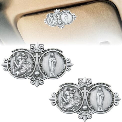 2 PCS St Christopher Medal Visor Clip, Our Lady of The Highway Visor Clip, Silver Car Driver Visor Clips, St Christopher Medal Saint Christoper Clips for Cars Driving Decorations, Car Accessories in Saudi Arabia