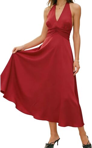RIHOAS Satin Halter Maxi Dresses for Women Sleeveless Tie Backless Elegant Off Shoulder A Line Cocktail Long Silk Dress in Saudi Arabia