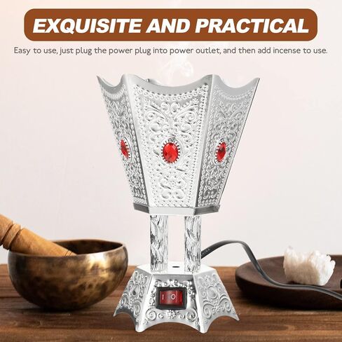 Bakhoor Electric Incense Burner Middle Eastern Style Tabletop Electric Censer Censer Metal Incense Burner for Home Office Yoga Spa Decor Silver in Saudi Arabia