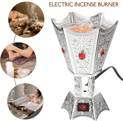 Bakhoor Electric Incense Burner Middle Eastern Style Tabletop Electric Censer Censer Metal Incense Burner for Home Office Yoga Spa Decor Silver in Saudi Arabia