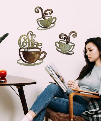 Putuo Decor Rustic Coffee Cup Metal Wall Decor, Vintage Coffee Bar Kitchen Wall Art, Set of 3 Farmhouse Bar Accessories Hanging for Dining Room Cafe Bakery in Saudi Arabia