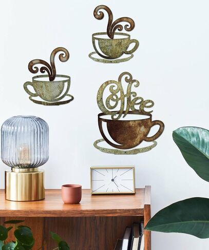 Putuo Decor Rustic Coffee Cup Metal Wall Decor, Vintage Coffee Bar Kitchen Wall Art, Set of 3 Farmhouse Bar Accessories Hanging for Dining Room Cafe Bakery in Saudi Arabia