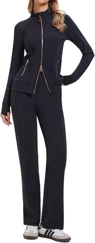 بدلة رياضية نسائية مكونة من قطعتين من Airfree بقصة ضيقة وسترة مزدوجة بسحاب وسروال ساق مستقيمة طقم ملابس من قطعتين بدلة رياضية in Kuwait