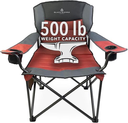 Black Sierra Oversize XL Camping Chair Supports 500 lbs, Padded Folding Outdoor Chair w/ 2 Cupholders and Carrybag, Heavy Duty Portable Collapsible Camp Chair Perfect for Sports, RV, Lawn, Beach in Kuwait