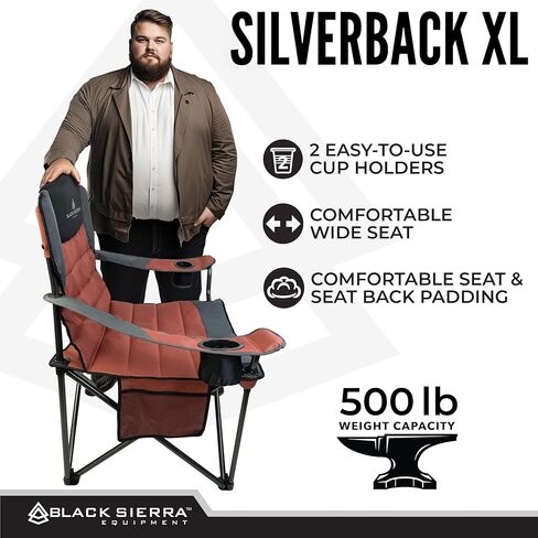 Black Sierra Oversize XL Camping Chair Supports 500 lbs, Padded Folding Outdoor Chair w/ 2 Cupholders and Carrybag, Heavy Duty Portable Collapsible Camp Chair Perfect for Sports, RV, Lawn, Beach in Kuwait