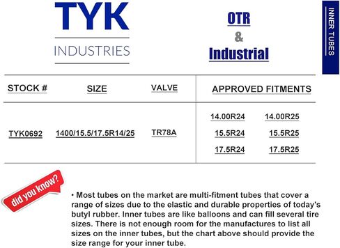 14.00-25, 15.5-25, 17.5-25, 1400/15.5/17.5R24/25 Loader Grader OTR Tire Inner Tube with a TR78 Valve Stem for use in Radial or Bias Tires by TYK Industries in Saudi Arabia