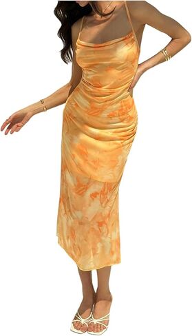 OYOANGLE Women's Floral Bodycon Long Dress Mesh Sleeveless Cowl Neck Ruched Beach Wedding Guest Dress in Saudi Arabia