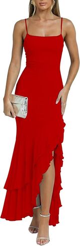 Kaximil Women's Sexy Spaghetti Strap Maxi Dresses Ruched Bodycon Ruffle Mermaid Cocktail Wedding Guest Dress 2026 in Saudi Arabia