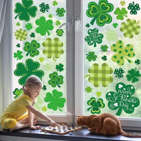 JarThenaAMCS 9 Sheets St. Patrick's Day Window Clings Green Shamrock Clover Decals Reusable Static Window Stickers for Irish Spring Party Home Classroom Glass Decor in Saudi Arabia
