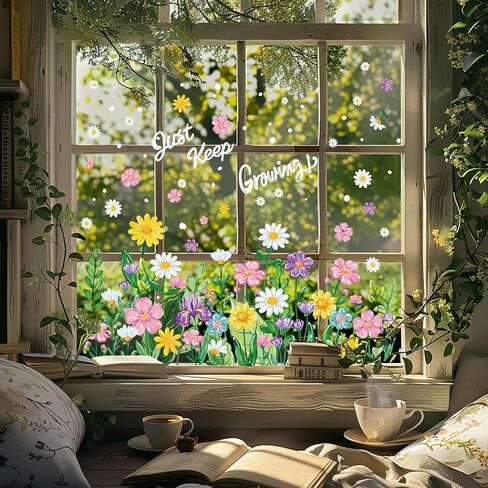 Whaline 6 Sheet Spring Wildflower Window Clings Window Decal Watercolor Floral Blossom Reusable Anti-Collision Windows Decor for Office School Home Party Supplies in Saudi Arabia