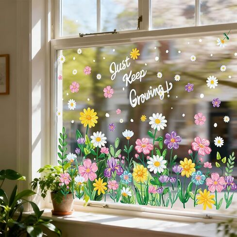 Whaline 6 Sheet Spring Wildflower Window Clings Window Decal Watercolor Floral Blossom Reusable Anti-Collision Windows Decor for Office School Home Party Supplies in Saudi Arabia