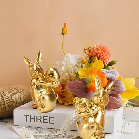 مجموعة ديكور أرنب صغير مكونة من قطعتين، تماثيل أرنب لديكور عيد الفصح الربيعي، تمثال أرنب ديكورات لسطح الطاولة للحفلات المنزلية، هدايا أرنب لطيفة لعيد الفصح، ذهبي in Kuwait