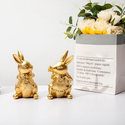 مجموعة ديكور أرنب صغير مكونة من قطعتين، تماثيل أرنب لديكور عيد الفصح الربيعي، تمثال أرنب ديكورات لسطح الطاولة للحفلات المنزلية، هدايا أرنب لطيفة لعيد الفصح، ذهبي in Kuwait