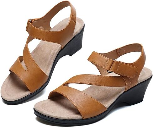 صنادل ويدج للنساء بكعب أنيق 5 سم أحذية جلدية رسمية مع مقدمة عريضة ودعم قوس قابل للتعديل وحزام مريح كاجوال للعمل الصيفي والسفر والشاطئ والمواعدة والزفاف in Kuwait