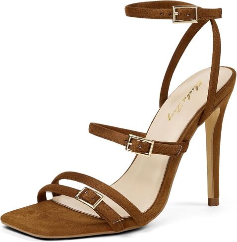 Elisabet Tang 4 IN Elegant Caged Strappy Square Toe Stiletto for Women - Cute Sandals Sexy Ankle Strap Thin High Heeled Shoes for Party Date Office in Kuwait