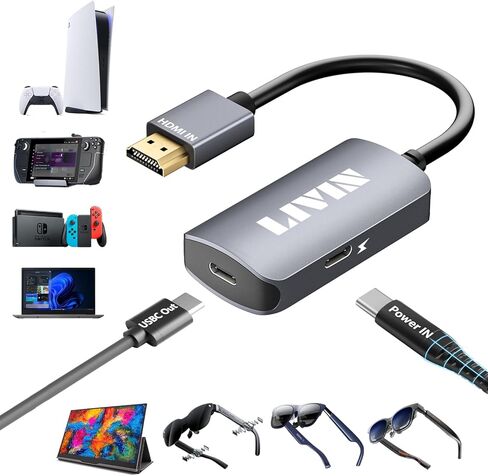 محول نظارات LIVIN AR XREAL/Rokid/VITURE/RayNeo، HDMI إلى USB C 【4K@60 هرتز+منفذ شحن】، ​​التوصيل والتشغيل، غلاف من الألومنيوم HDMI إلى النوع C، شاشة محمولة، كمبيوتر شخصي، مفتاح، ROG Ally، Steam Deck، PS4 /5، إكس بوكس in Kuwait