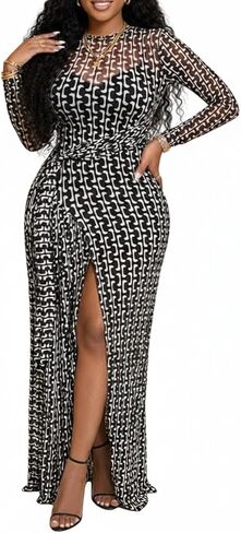 CHICME Long Sleeve Maxi Dress for Women 2026 Wedding Guest Dress Sheer Mesh Floral Print Tie Waist 2 Pieces Outfit in Saudi Arabia