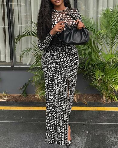 CHICME Long Sleeve Maxi Dress for Women 2026 Wedding Guest Dress Sheer Mesh Floral Print Tie Waist 2 Pieces Outfit in Saudi Arabia